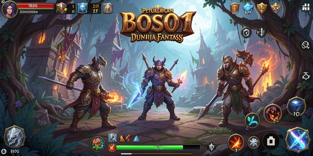 Tampilan antarmuka utama BOS01 dengan karakter dan dunia RPG yang menawan.