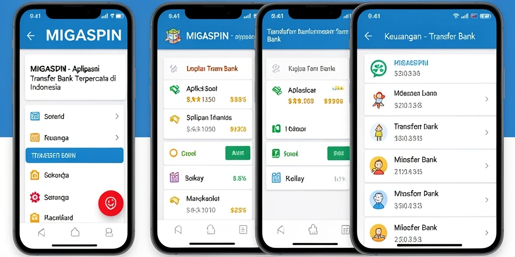 Screenshot utama MIGASPIN menunjukkan antarmuka aplikasi Transfer Bank yang modern.